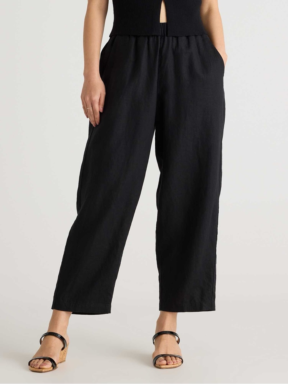 COS Black 100% Linen Cropped Wide Leg Pull On Pants Size 10